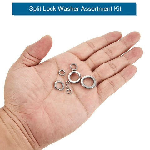 Split Lock Washer Kit In M2 M3 M4 M5 M6 M8 M10 Sizes, 490 Pieces, Stainless Steel 304, Rust Resistant White Finish, Your Go To Hardware Washer Set For Screws And Bolts. Hand holding assorted split lock washers.