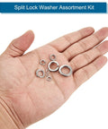 Split Lock Washer Kit For Screws M2 M2.5 M3 M4 M5 M6 M8 M10, 420 Pcs Stainless Steel 304 Washers, Rustproof And Corrosion Resistant, Durable Hardware For DIY, Home Improvement And Automotive Projects. hand holding assorted stainless steel split lock washers
