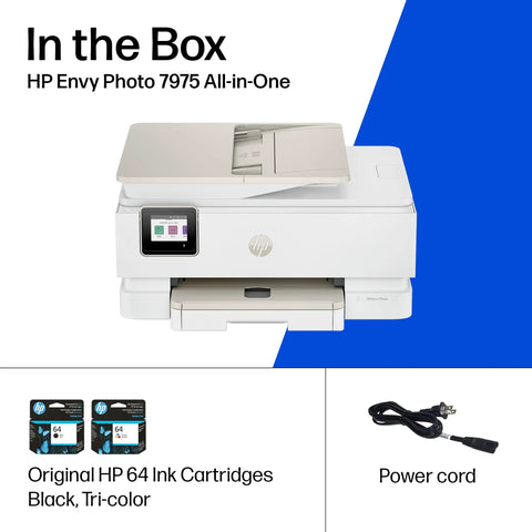 Envy Photo 7975 Wireless Color Inkjet Printer For Home Use With Print Scan Copy No Fuss Setup Mobile Printing AI Enabled And 3 Month Instant Ink Trial with ink cartridges and power cord