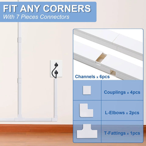 94.5 Inch Cord Hider Kit For Walls And TV Wires, Cable Concealer showing channels, couplings, elbows, and fittings setup