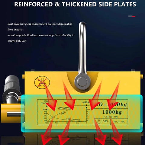 Heavy Duty Permanent Magnetic Lifter With Alloy Steel Hook 4400 Lbs Plate Lift Magnet for Hoist showing reinforced side plates and caution labels.