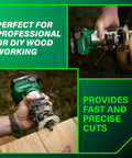 18V Cordless Trim Router With Beast Mode Variable Speed 10,000 To 30,000 RPM Pro Grade Lightweight Body in use on wood surface