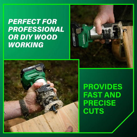 18V Cordless Trim Router With Beast Mode Variable Speed 10,000 To 30,000 RPM Pro Grade Lightweight Body in use on wood surface