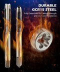 Two tap tools and one die tool made of durable GCR15 steel, showing Metric Tap And Die Set Kit Pro Grade All In One With Long Handled Wrench And T Handles, Includes Adjustable Die Wrench, Screwdriver, And Thread Pitch Gauge, For M3 To M12 Internal And External Threads, Clean, Precise Thread Repair on a fiery background.