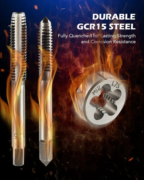 Two tap tools and one die tool made of durable GCR15 steel, showing Metric Tap And Die Set Kit Pro Grade All In One With Long Handled Wrench And T Handles, Includes Adjustable Die Wrench, Screwdriver, And Thread Pitch Gauge, For M3 To M12 Internal And External Threads, Clean, Precise Thread Repair on a fiery background.