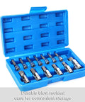 Thirteen Piece Metric Hex Bit Socket Set with open blue case showing various sized S2 alloy steel bits and Cr-V sockets.