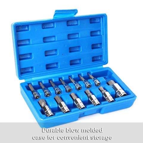 Thirteen Piece Metric Hex Bit Socket Set with open blue case showing various sized S2 alloy steel bits and Cr-V sockets.