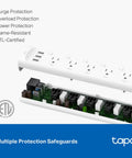 Matter Compatible Smart WiFi Power Strip Offering Individual Outlet Control And Live Energy Tracking To Keep All Your Gear Fully Charged Slash Monthly Bills And Guard Your Rig Against Power Spikes For Bedroom Or Office Boss Setups showing surge protection and USB ports.