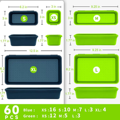 Heavy Duty Multi Size Tool Box Organizer Trays, Complete 60 Piece Drawer Sorter Kit, Blue And Green Plastic Bins, Solid Garage Workshop Storage To Keep Your Toolbox Looking Top Shelf