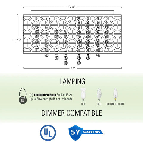 Diagram showing dimensions and lamping of Brielle 15 Inch Modern Crystal Drum Flush Mount Ceiling Light with cascading crystals.