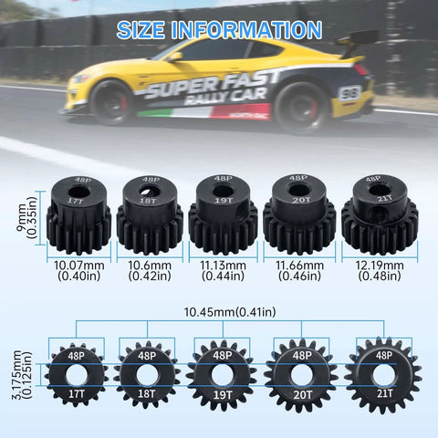 5 Piece 48P Pinion Gear Set 17T 18T 19T 20T 21T For 3.175mm Shafts With Hex Key Beef Up Your 1 10 Scale RC Cars Traxxas HSP Arrma HPI Axial Tamiya Losi Brushless Motors, shown with size dimensions.