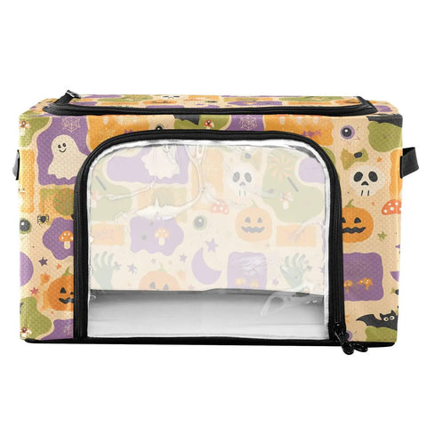 Heavy Duty Foldable Storage Bin With Large Clear Window And Dual Zipper Openings For Quick Grab Access, pumpkin and ghost art design.