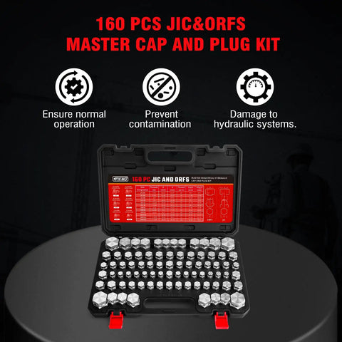 160 Piece JIC And ORFS Hydraulic Cap And Plug Kit For Hose Tube And Pipe Fittings With Precision Threading, case open