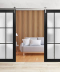 Sturdy Double Barn Door With Frosted Glass In Matte Black Finish Sliding Door Kit With 13ft Silver Rail And Heavy Duty Hangers