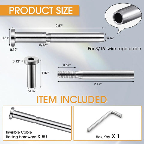 Product diagram showing sizes for 80 Pack Invisible Cable Railing Kit with Stainless Steel Three Sixteenth Inch Receiver.