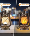 Waterproof Hanging Lanterns With Lit Dancing Flame LED Lights showcasing lamp and flame mode settings on a wooden table.