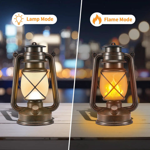 Waterproof Hanging Lanterns With Lit Dancing Flame LED Lights showcasing lamp and flame mode settings on a wooden table.