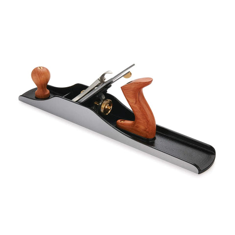 Professional Number 6 Smoothing Bench Plane Crafted From Solid Cast Iron With Precision Machined Frog And Ergonomic Bubinga Handle, angled view showcasing the handle and blade.