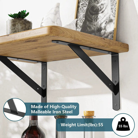Rock Solid Heavy Duty Shelf Brackets 6 Pack Steel Wall Mount L Brackets 11.8 By 7.5 Inch close-up with decorative shelf.