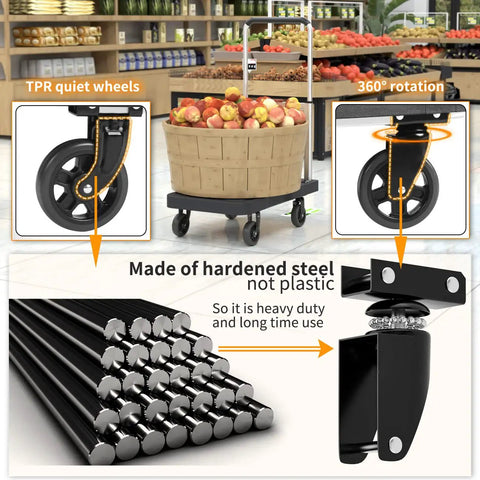 Foldable Platform Hand Truck Cart With 330 Pound Capacity showing swivel wheels and steel frame details in store setting