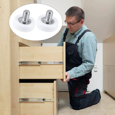 Six Piece Set Of 19mm White Plastic Drawer Rollers Featuring Slick Cabinet Pulleys For Smooth Operator Furniture Gliding No Sweat Replacement Wheels With Heavy Duty Mounting Nuts being installed in a cabinet.
