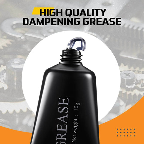 Close-up of a 10g tube of black synthetic damping grease for optical instruments, household appliances, and rolling parts.