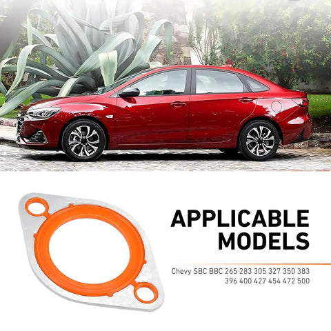 Heavy Duty Thermostat Water Neck Housing Gasket For Chevy Small Block Big Block Engine Replacement Part Handles Smokin Hot Temps And Keeps Cool Under Pressure Fits 350 327 383 In Bright Orange with car in background.