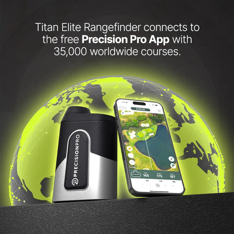 Titan Elite Golf Rangefinder With Built In GPS and magnetic grip next to smartphone displaying course map against a globe.
