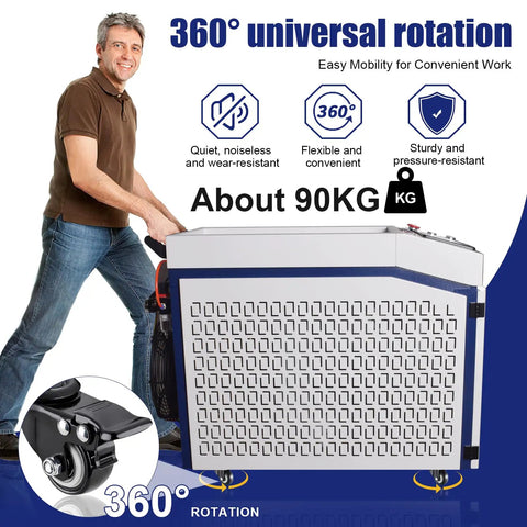 Man demonstrating 4 In 1 Beast Fiber Laser Welding Cleaning Cutting Soldering Machine with 360-degree rotation feature
