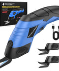 2026 Upgrade Cordless Electric Cutting Tool with Sharp Stainless Steel Blades for Effortless Threading Through Fabric Leather Cardboard Carpet And Thin Metal Sheets Powerful Motor For Smooth Precise Cuts, showing blue electric scissors with USB cable.
