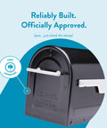 Close-up of Boulder Postmount Mailbox Large Black All Weather Tough Built Outdoor Ready Rust Resistant Galvanized Steel With Black Powder Coat Finish For All Seasons And Easy Mail Delivery showing USPS approval.