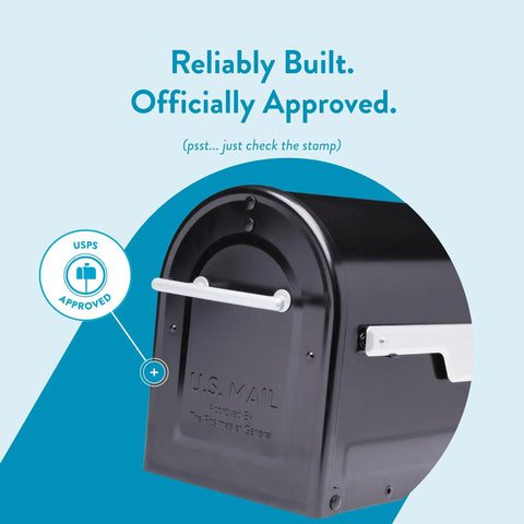 Close-up of Boulder Postmount Mailbox Large Black All Weather Tough Built Outdoor Ready Rust Resistant Galvanized Steel With Black Powder Coat Finish For All Seasons And Easy Mail Delivery showing USPS approval.