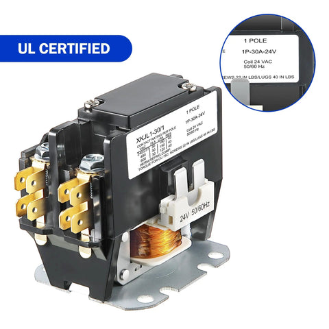 Go-To 24V 30A HVAC Contactor Relay 1 Pole, UL Certified, Heavy-Duty Replacement, product details label visible