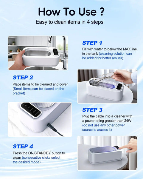 Instructions for using 48KHz Ultrasonic Jewelry Cleaner Machine With Four Cleaning Modes showing steps and stainless steel tank.