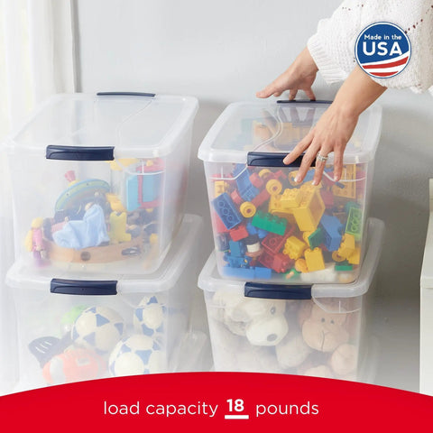 Clear 32 Qt stackable storage bins with lids 6 pack for closet and laundry organization, plastic containers with handles