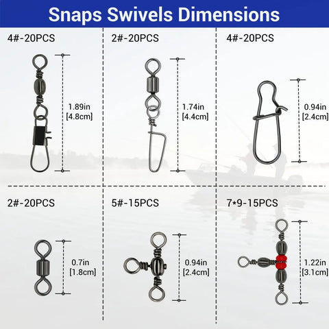 Dimensions of various snaps and swivels in 110 Piece Strong Fishing Snap Swivel Kit With Rolling Barrel Swivels 3 Way Line Connectors.