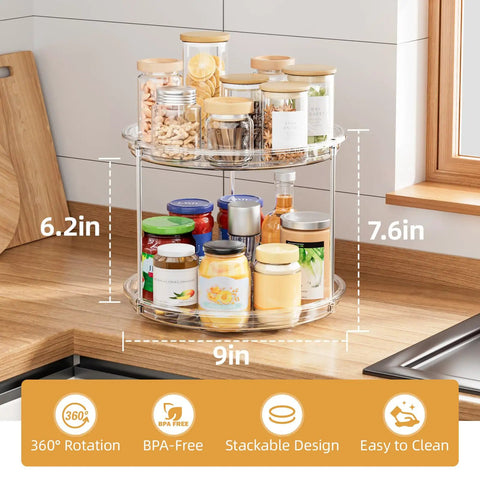 Two Tier Lazy Susan Turntable Organizer For Cabinet And Pantry Space Saver 9 Inch Rotating Spice Rack with jars on countertop
