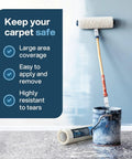 Heavy Duty Carpet Protection Film Self Adhesive Plastic Rug Protector For Stairs And Floor Runners Keeps Rug Safe From Paint Water And Dirt Puncture Resistant Sticky Shield Roll 24x200 Feet next to a paint roller and bucket on a painted floor.