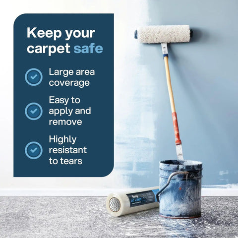 Heavy Duty Carpet Protection Film Self Adhesive Plastic Rug Protector For Stairs And Floor Runners Keeps Rug Safe From Paint Water And Dirt Puncture Resistant Sticky Shield Roll 24x200 Feet next to a paint roller and bucket on a painted floor.