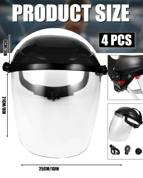 Four Pack Clear Face Shield With Shatterproof Lens For Grinding Cutting Sanding And Metal Jobs Heavy Duty Workhorse Fly Particle Dust Guard Worksite Approved Tough As Nails Protection, 25cm size, front view.