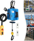 Heavy Duty Electric Power Hoist With 1100 Lbs Lift Capacity And Durable Steel Wire Cable For Garage Rigging and workshop lifting jobs that rock, featuring blue casing and remote.