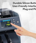 User interacting with Money Counter Machine For Business With Mixed Denomination And Multi Currency Counting