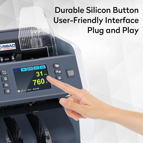 User interacting with Money Counter Machine For Business With Mixed Denomination And Multi Currency Counting