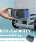 Massive 58 Qt Portable Car Refrigerator And Electric Cooler With 12V Plug showing removable high-capacity battery install.