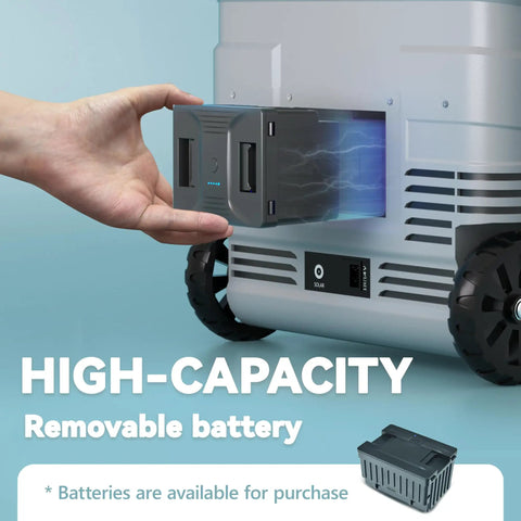 Massive 58 Qt Portable Car Refrigerator And Electric Cooler With 12V Plug showing removable high-capacity battery install.