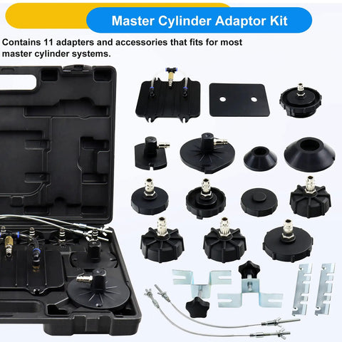 Master Cylinder Adaptor Kit with 11 adapters and tools for Portable Pneumatic Brake Bleeder Kit For One Man Operation.