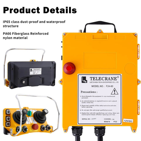 12V Wireless Crane Remote with Dual Joystick, shown in yellow with control panel, sealed metal joystick, emergency stop button
