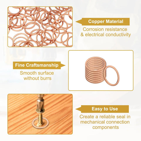 Heavy Duty Copper Crush Washers 50 Pack M16 16Mm ID 20Mm OD Thick Sealing Rings For Oil Drain Plugs stacked copper washers.