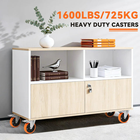 Built Tough 5 Inch Swivel Caster Wheels With Dual Brakes Set Of 4 on a heavy duty furniture unit holding books and decor.
