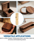 Brass Hidden Cylinder Hinges And Round Magnets Pack for jewelry boxes and small furniture shown with wooden boxes.